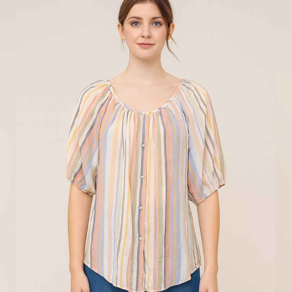 Como Vintage Striped Button Down Top Blouse Pastel Colors Short Sleeve S